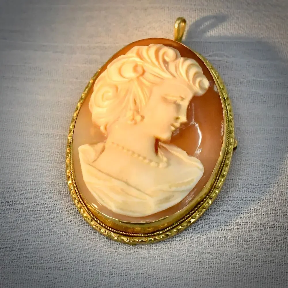 Vintage Marbro 14K Yellow Gold Carved Shell Cameo Brooch Pendant 38x30mm 8.04g